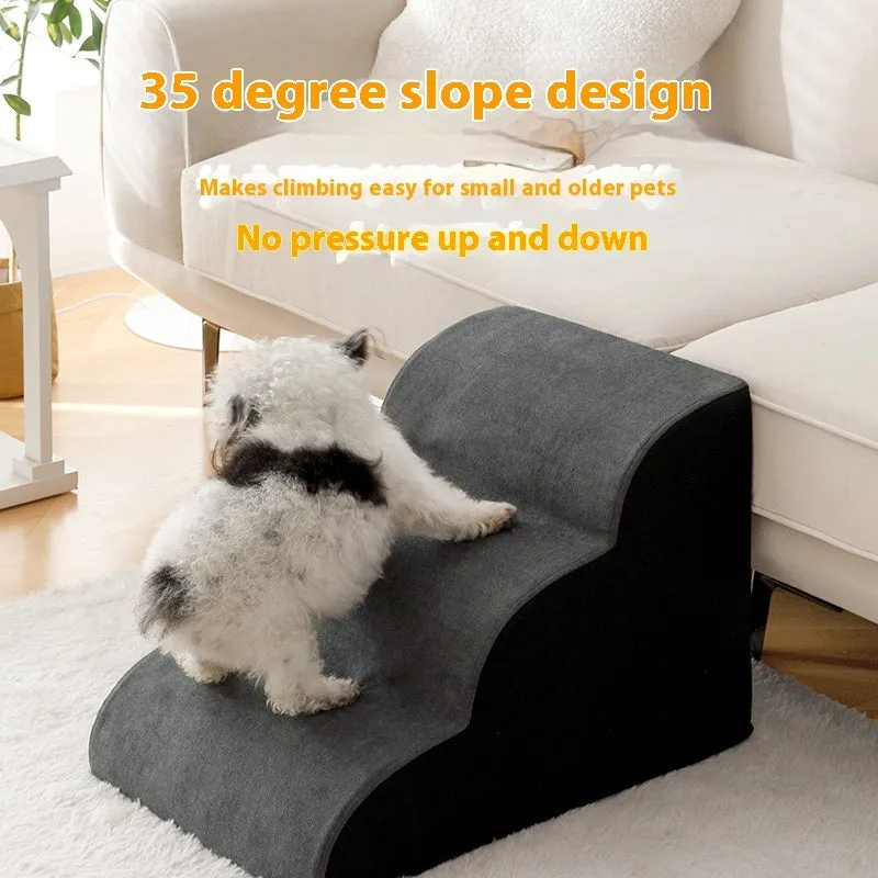 Wooden pet stairs with a removable washable cover for dogs, shown in brown, creamy white, or dark grey.