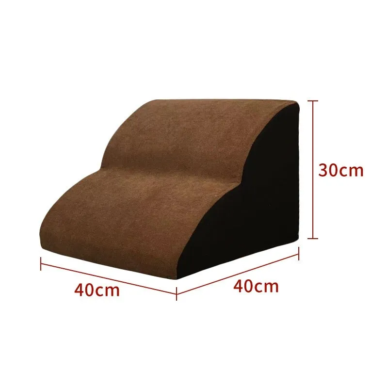 Wooden pet stairs with a removable washable cover for dogs, shown in brown, creamy white, or dark grey.