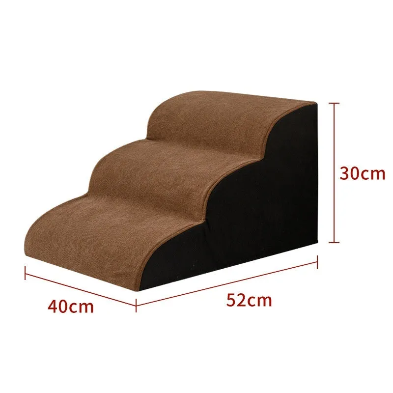 Wooden pet stairs with a removable washable cover for dogs, shown in brown, creamy white, or dark grey.
