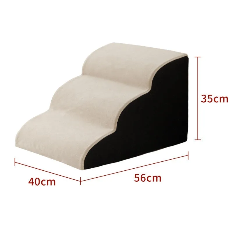 Wooden pet stairs with a removable washable cover for dogs, shown in brown, creamy white, or dark grey.