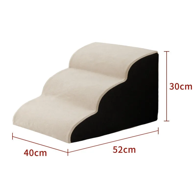 Wooden pet stairs with a removable washable cover for dogs, shown in brown, creamy white, or dark grey.
