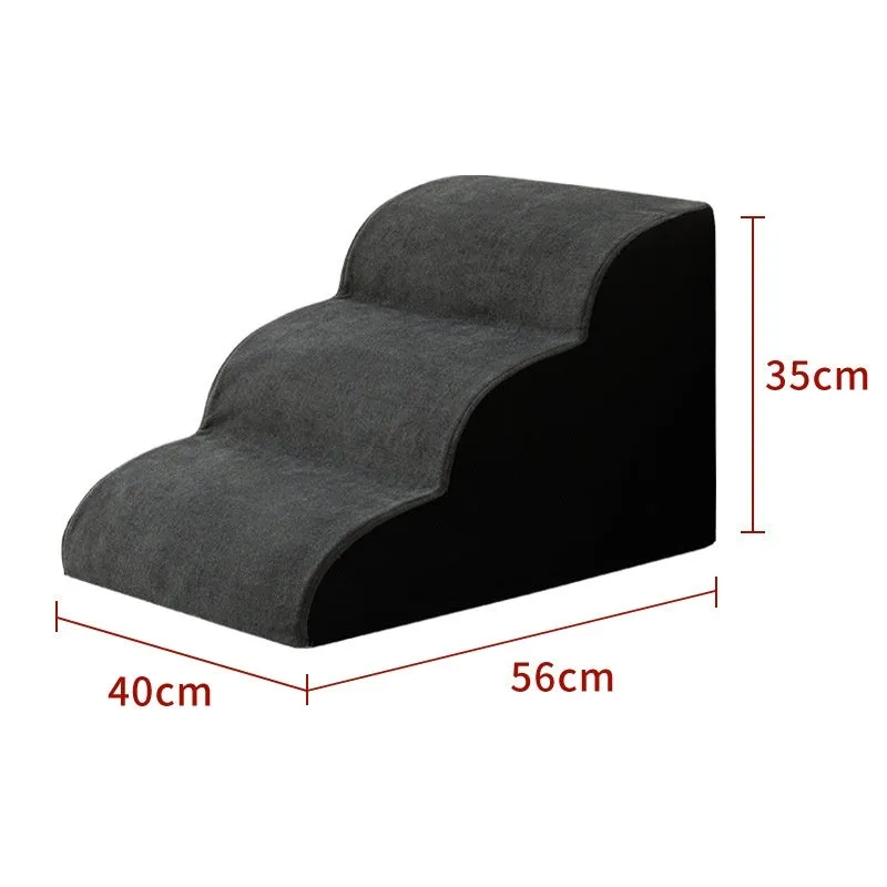 Wooden pet stairs with a removable washable cover for dogs, shown in brown, creamy white, or dark grey.