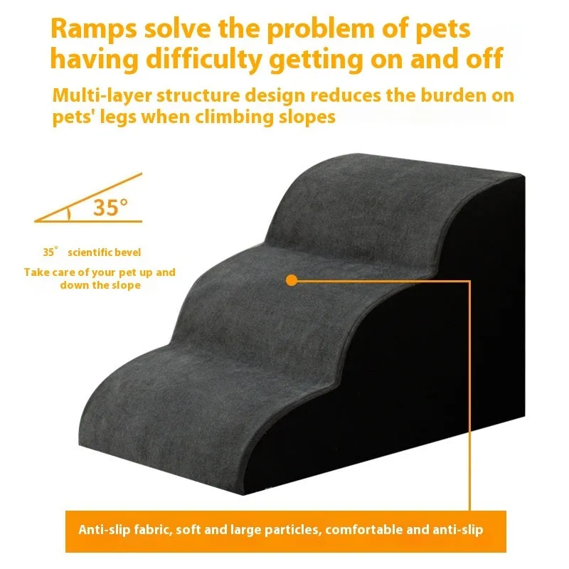 Wooden pet stairs with a removable washable cover for dogs, shown in brown, creamy white, or dark grey.
