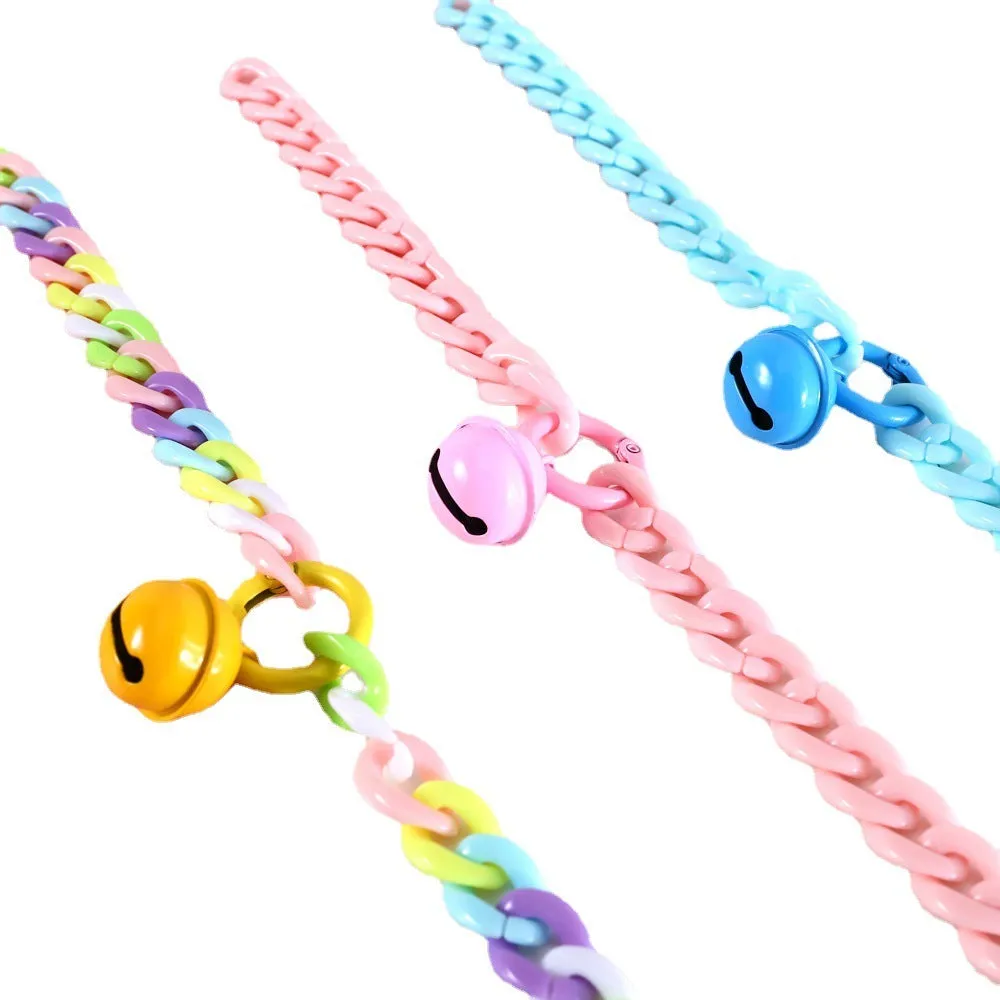 A macaron candy coloured plastic pet collar with chain detailing, shown in blue, pink, and mixed colour options.
