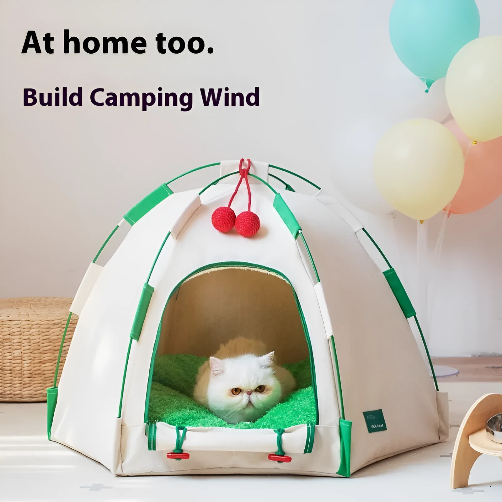 Dome-shaped cloth cat tent with optional thick padded mat for indoor pet sleeping