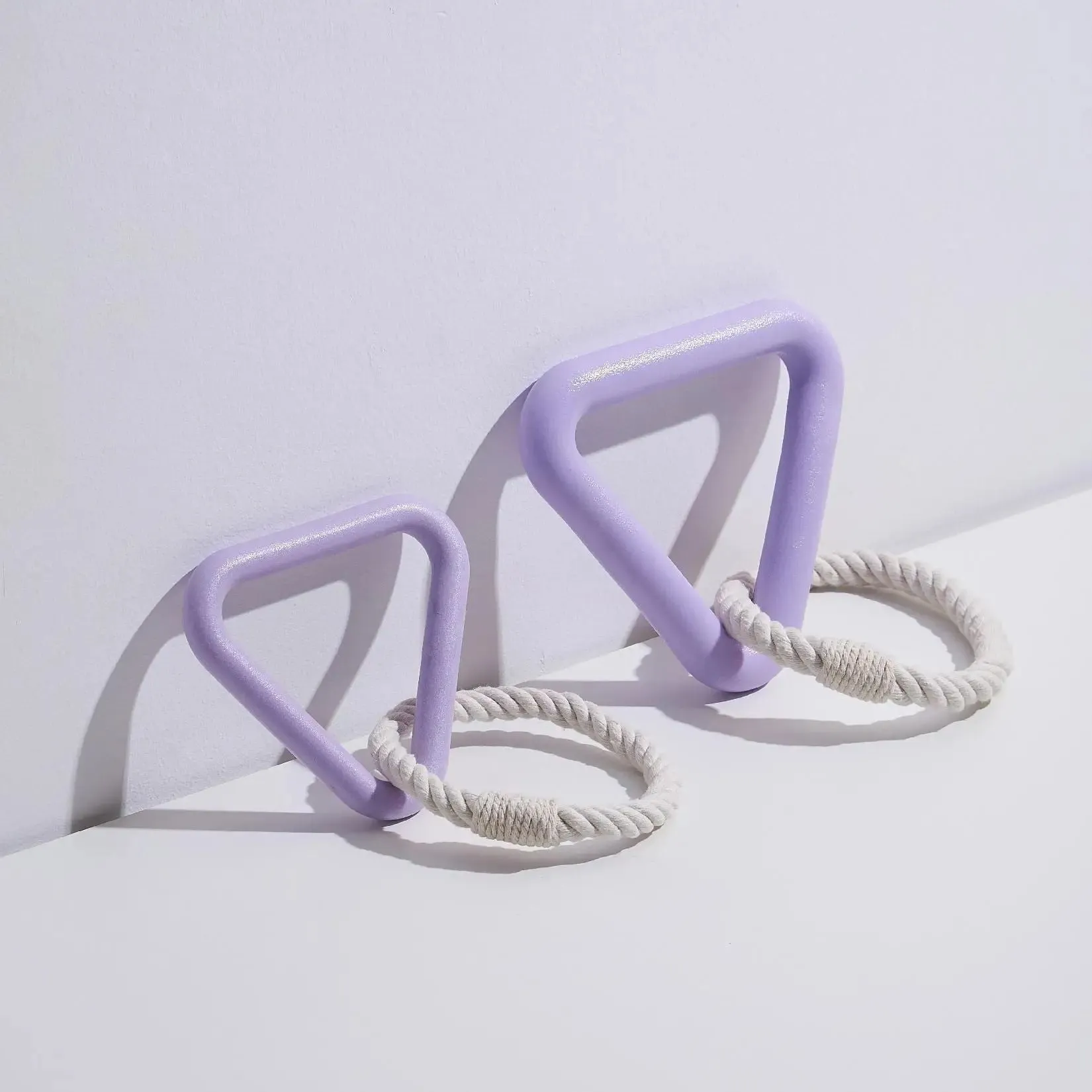 Large triangular cotton rope pull ring dog toy in beige, pink or purple colours