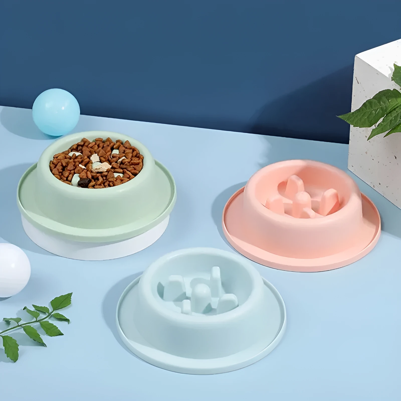 PP plastic slow feeder pet bowl in macaroon colour with raised feeding obstacles
