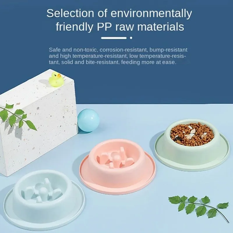 PP plastic slow feeder pet bowl in macaroon colour with raised feeding obstacles