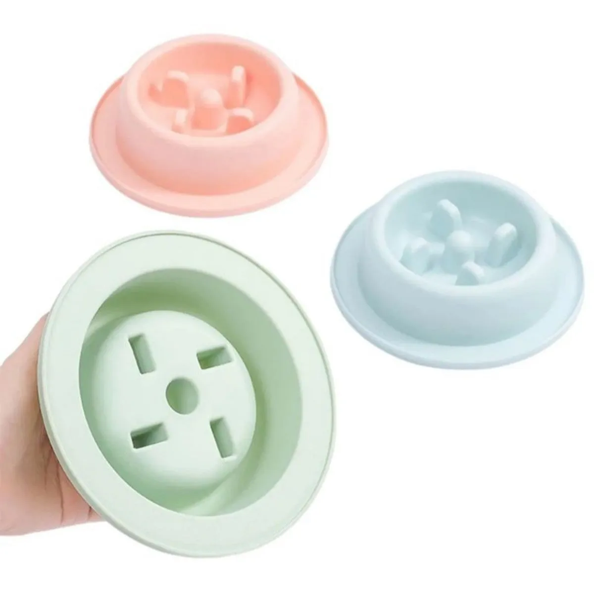 PP plastic slow feeder pet bowl in macaroon colour with raised feeding obstacles
