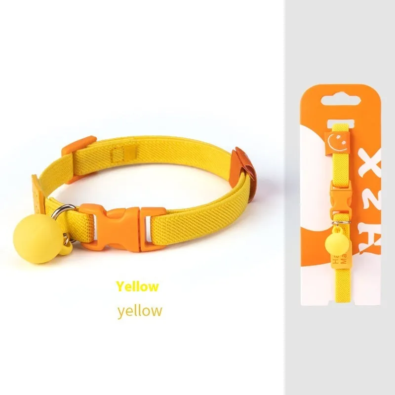 Adjustable high elasticity polyester pet collar for small dogs in seven colour options on a white background.