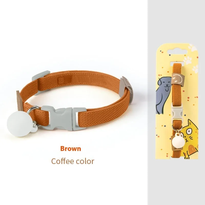 Adjustable high elasticity polyester pet collar for small dogs in seven colour options on a white background.