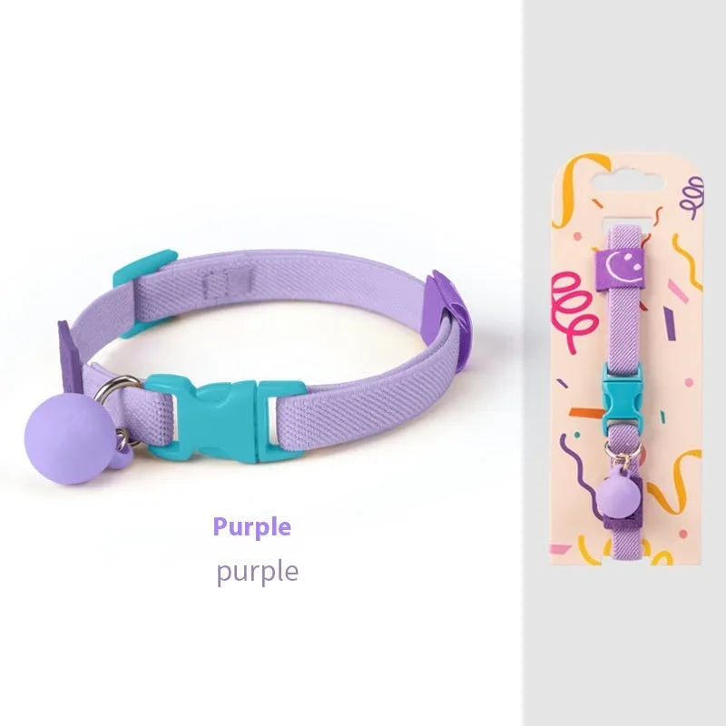 Adjustable high elasticity polyester pet collar for small dogs in seven colour options on a white background.