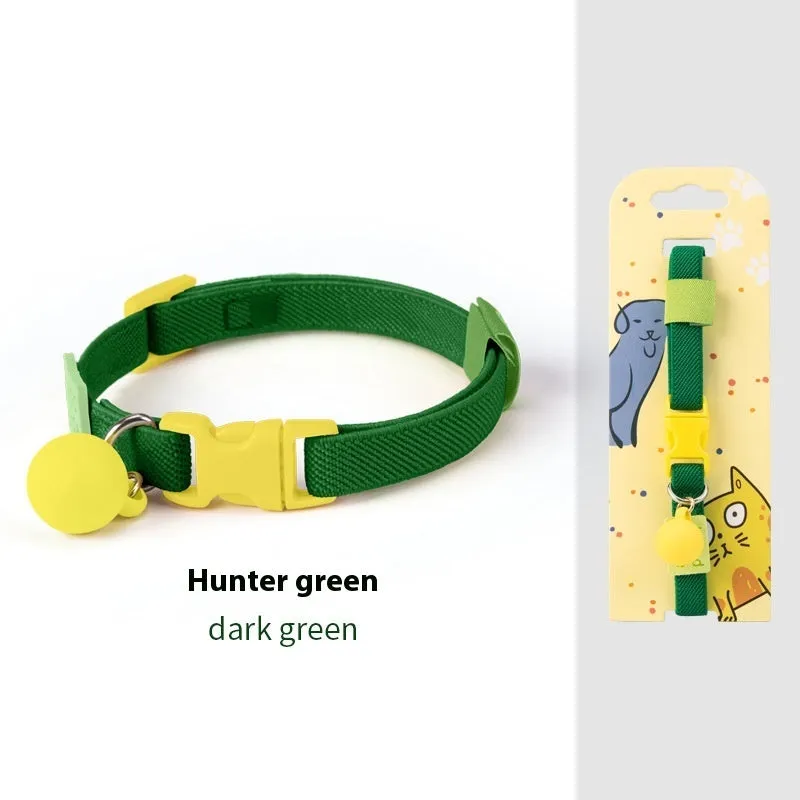 Adjustable high elasticity polyester pet collar for small dogs in seven colour options on a white background.