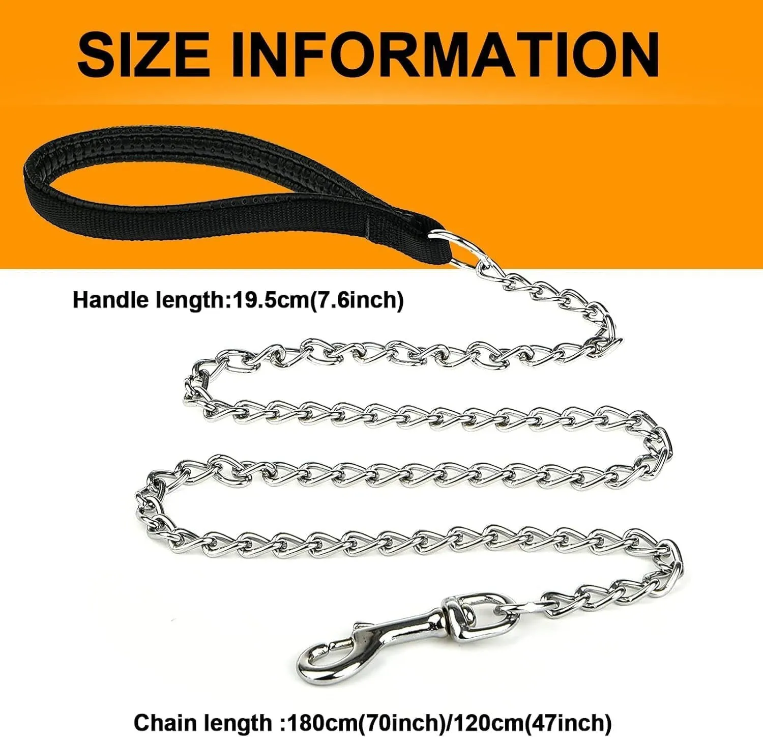 Heavy duty metal dog leash with chew-proof chain and soft black padded handle on a concrete background.
