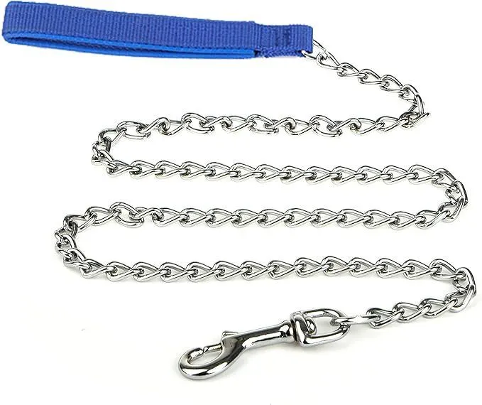 Heavy duty metal dog leash with chew-proof chain and soft black padded handle on a concrete background.