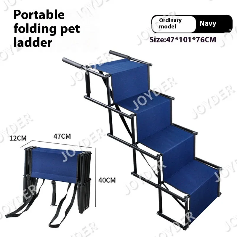 Folding stainless steel pet dog ladder in open position, showing steps, against a car boot.