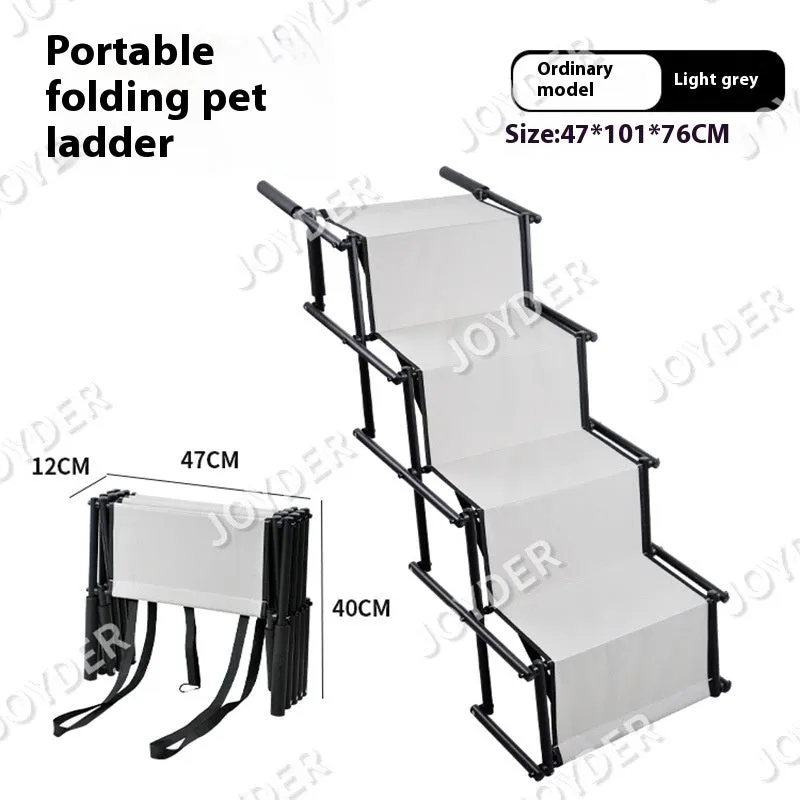 Folding stainless steel pet dog ladder in open position, showing steps, against a car boot.
