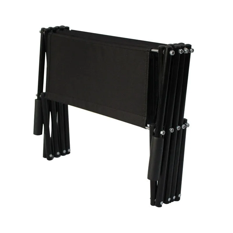 Folding stainless steel pet dog ladder in open position, showing steps, against a car boot.