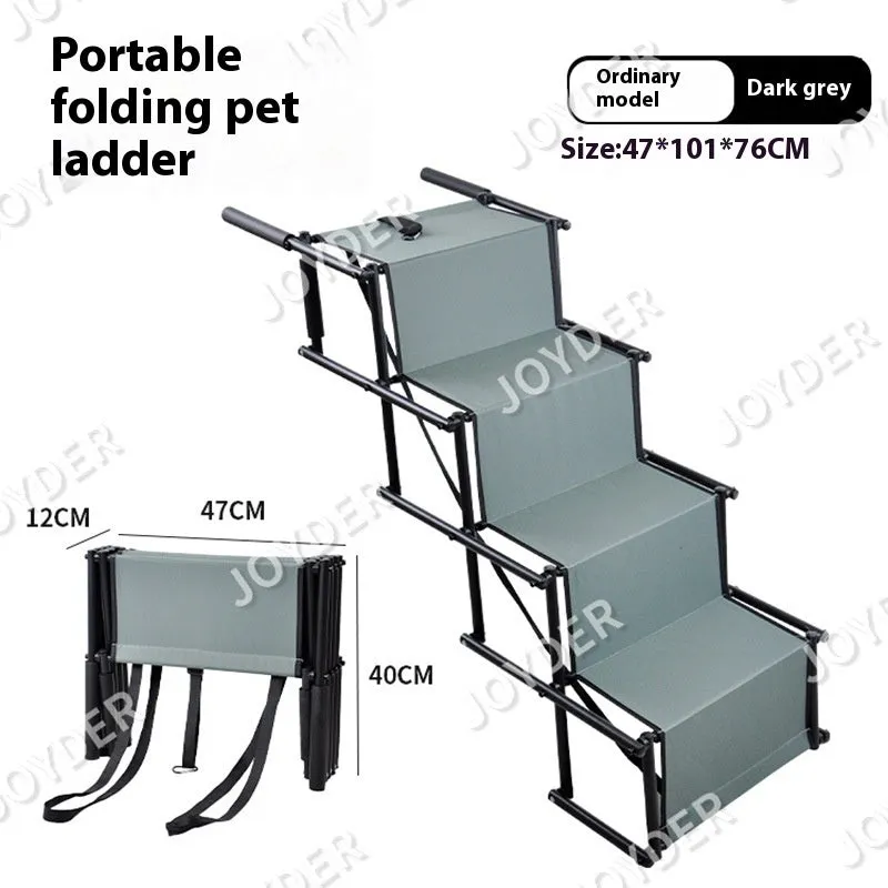 Folding stainless steel pet dog ladder in open position, showing steps, against a car boot.
