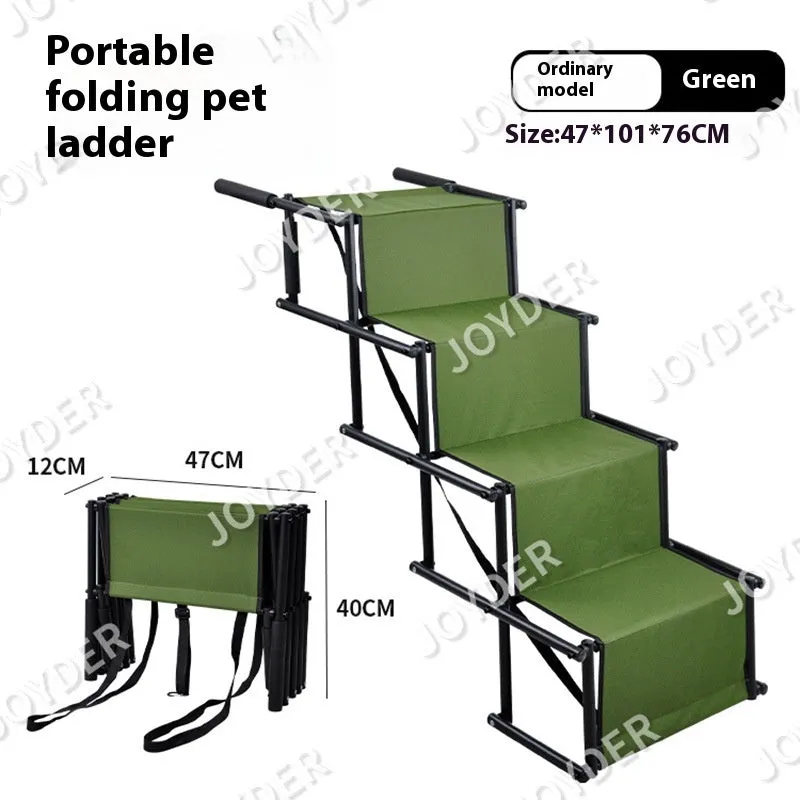 Folding stainless steel pet dog ladder in open position, showing steps, against a car boot.