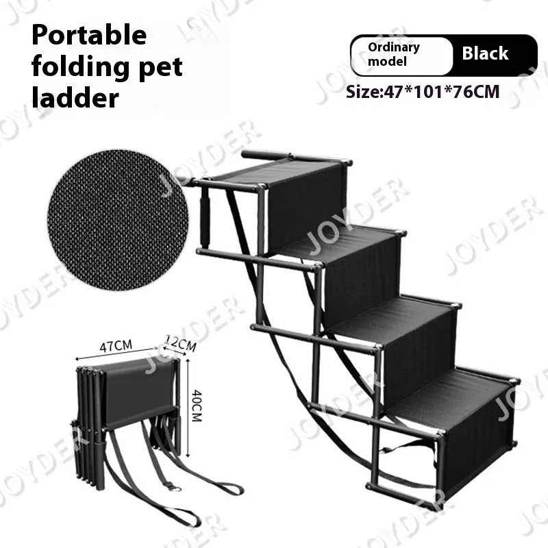 Folding stainless steel pet dog ladder in open position, showing steps, against a car boot.