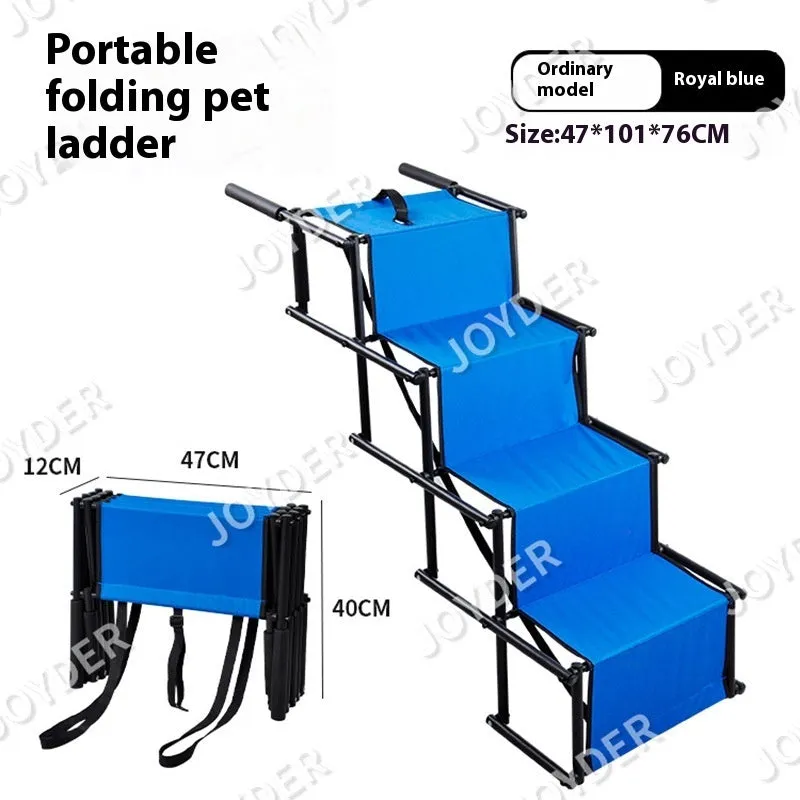 Folding stainless steel pet dog ladder in open position, showing steps, against a car boot.