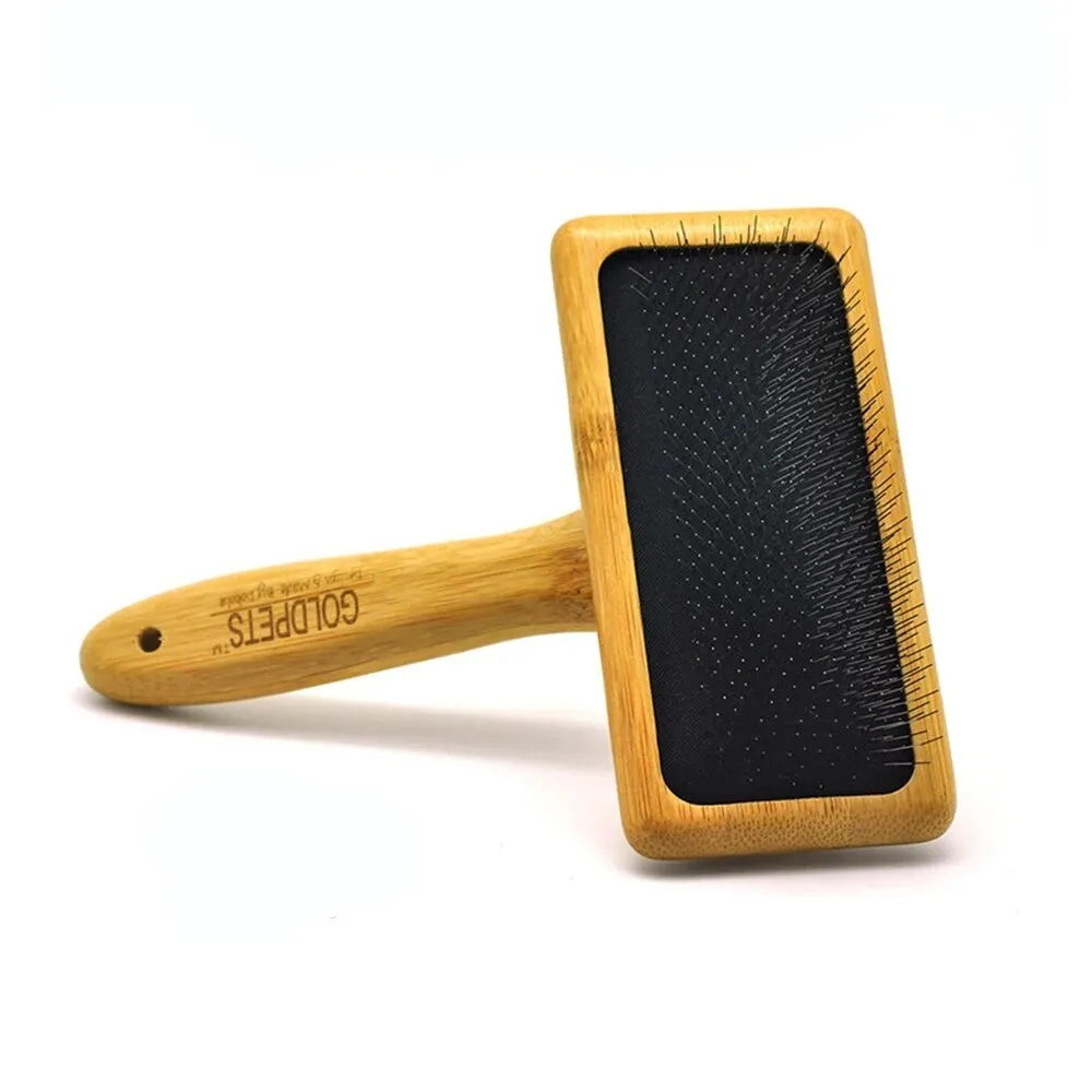 Goldpets bamboo handle pet slicker brush with stainless steel pins for grooming cats and dogs.