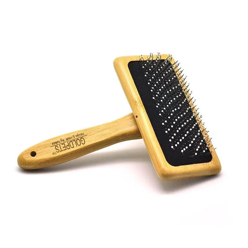 Goldpets bamboo handle pet slicker brush with stainless steel pins for grooming cats and dogs.