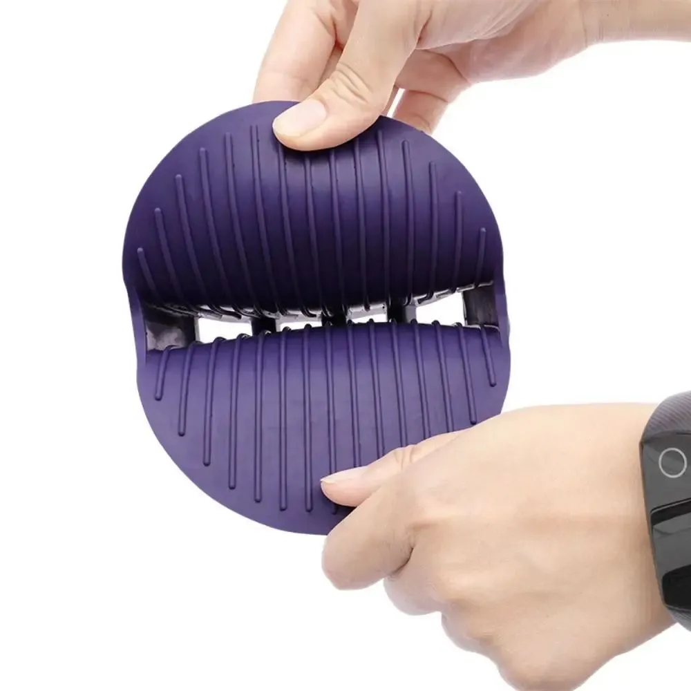 Purple pet shampoo brush with soft bristles and ergonomic handle for dog and cat grooming