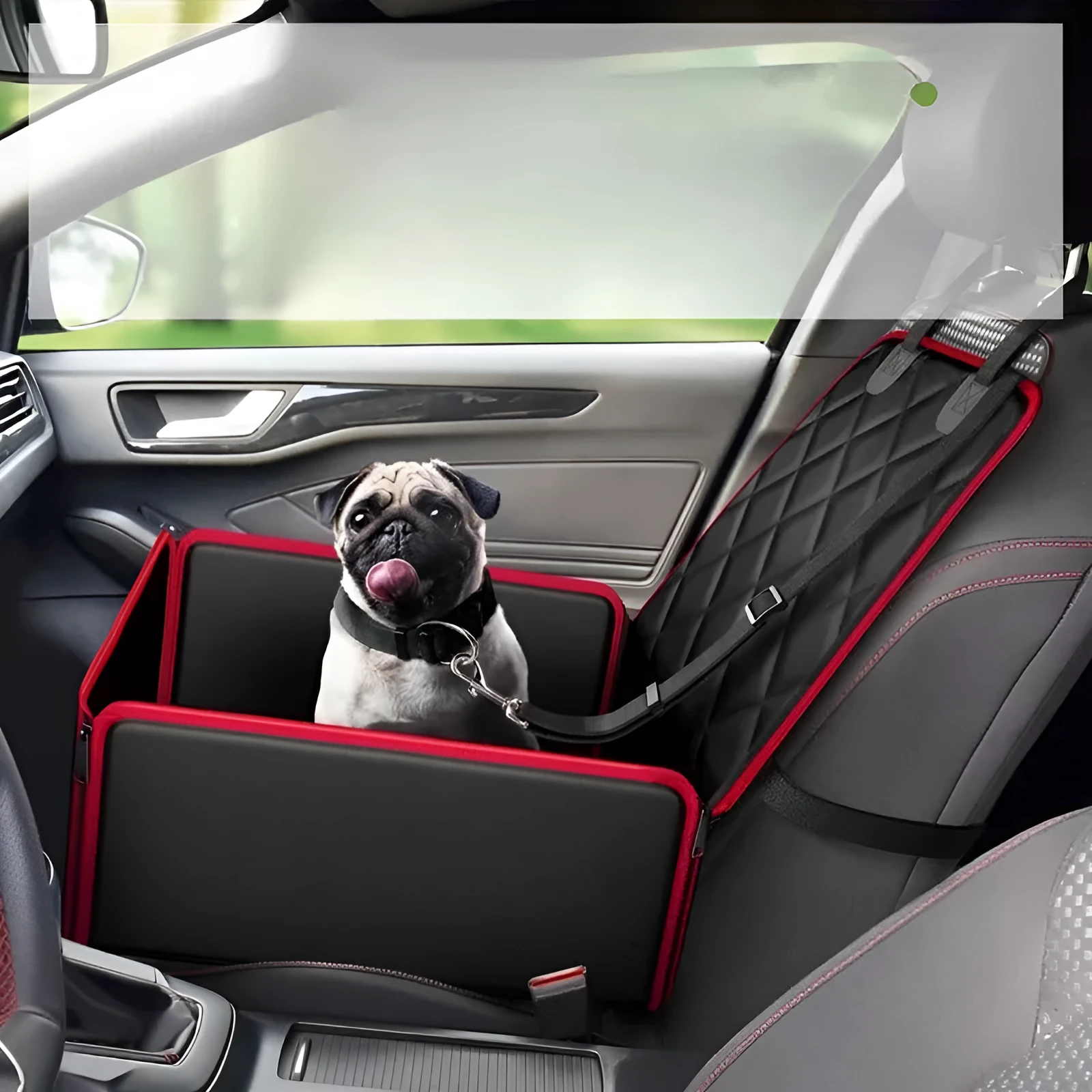 A black non-slip car pet pad for dogs placed on a grey car front seat.