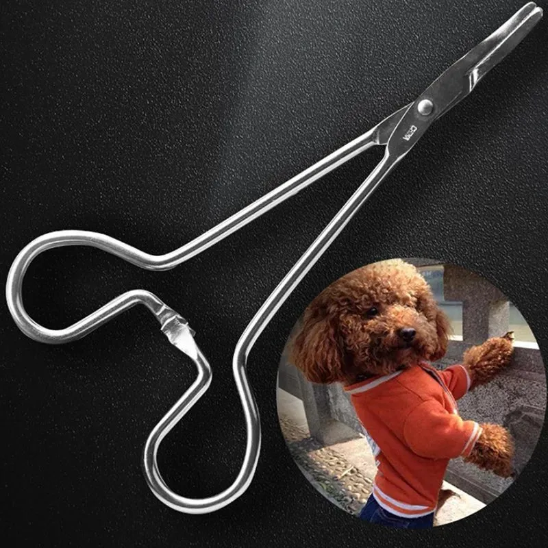 Silver stainless steel pet grooming tweezers with curved tip for ear hair removal