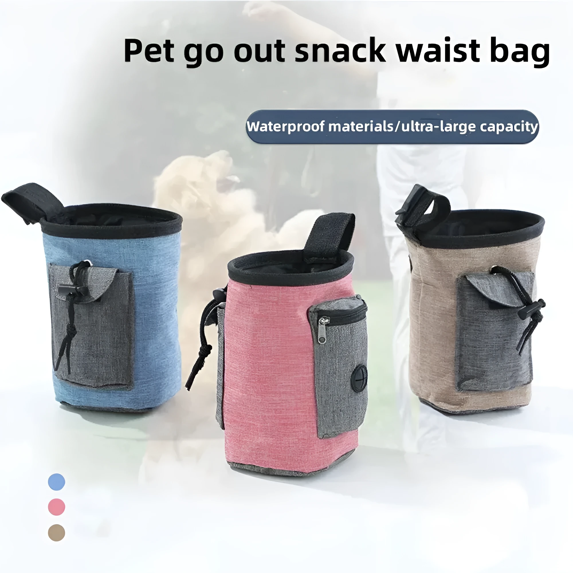 Waterproof pet training waist bag with adjustable belt and side pockets for keys and waste bags