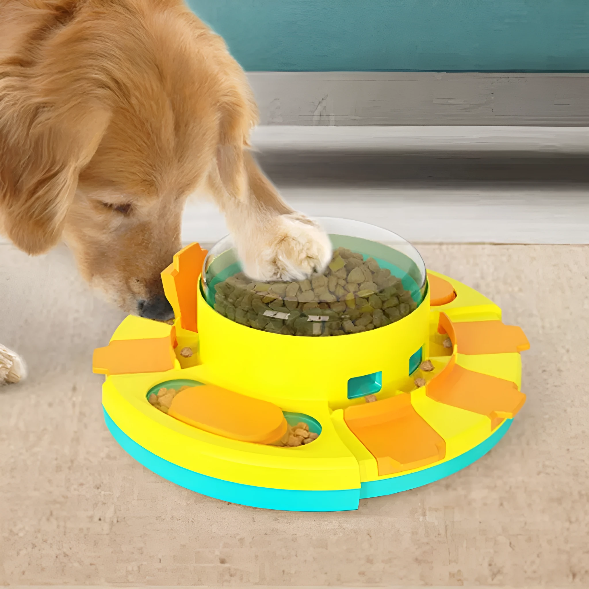 Assortment of PET plastic pet toys including a red leaky bear dog feeder, a pink bulb cat tumbler, and coloured training balls.