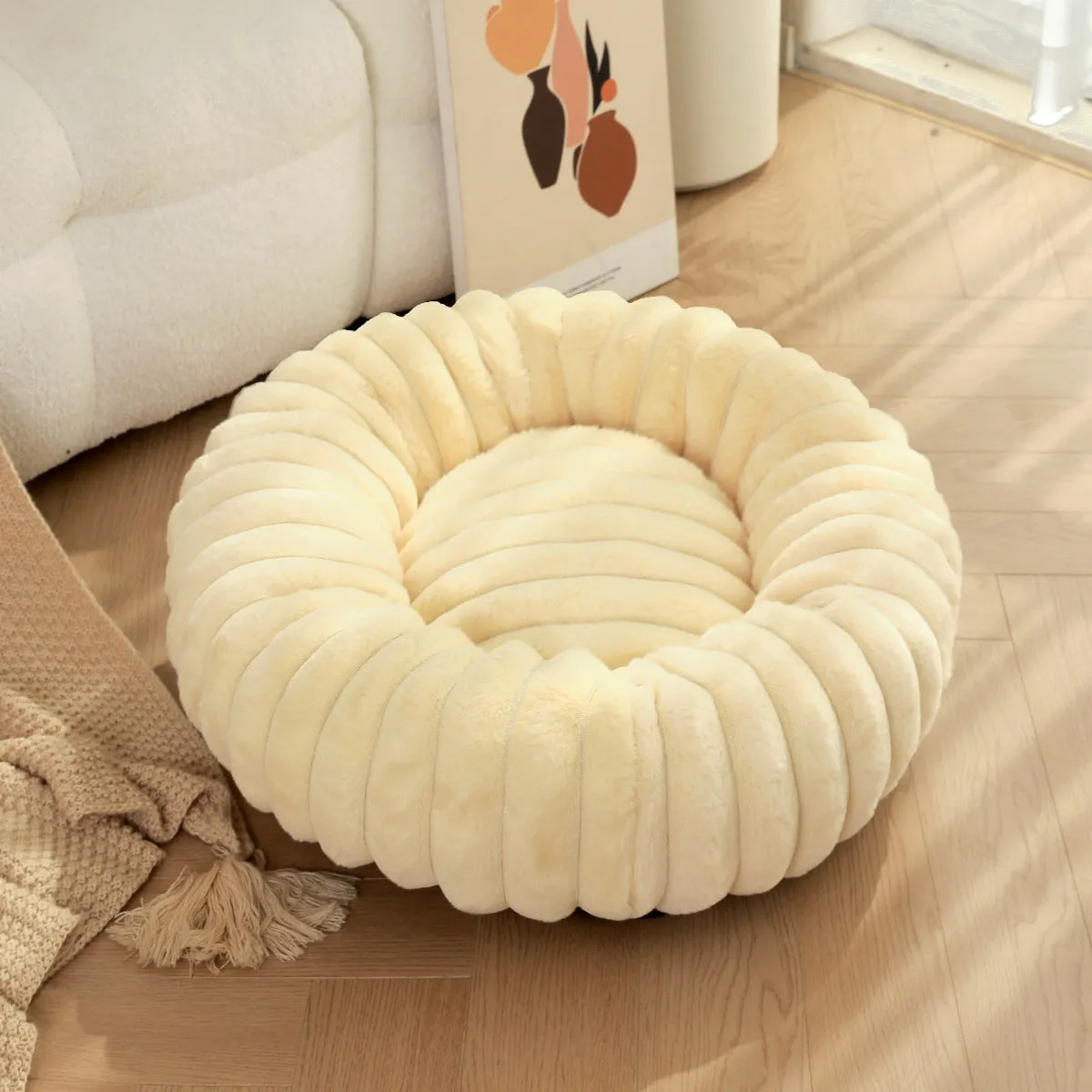 Round straight rabbit plush pet bed mat in beige colour, shown in a large size.