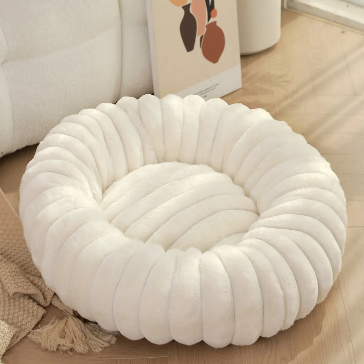 Round straight rabbit plush pet bed mat in beige colour, shown in a large size.