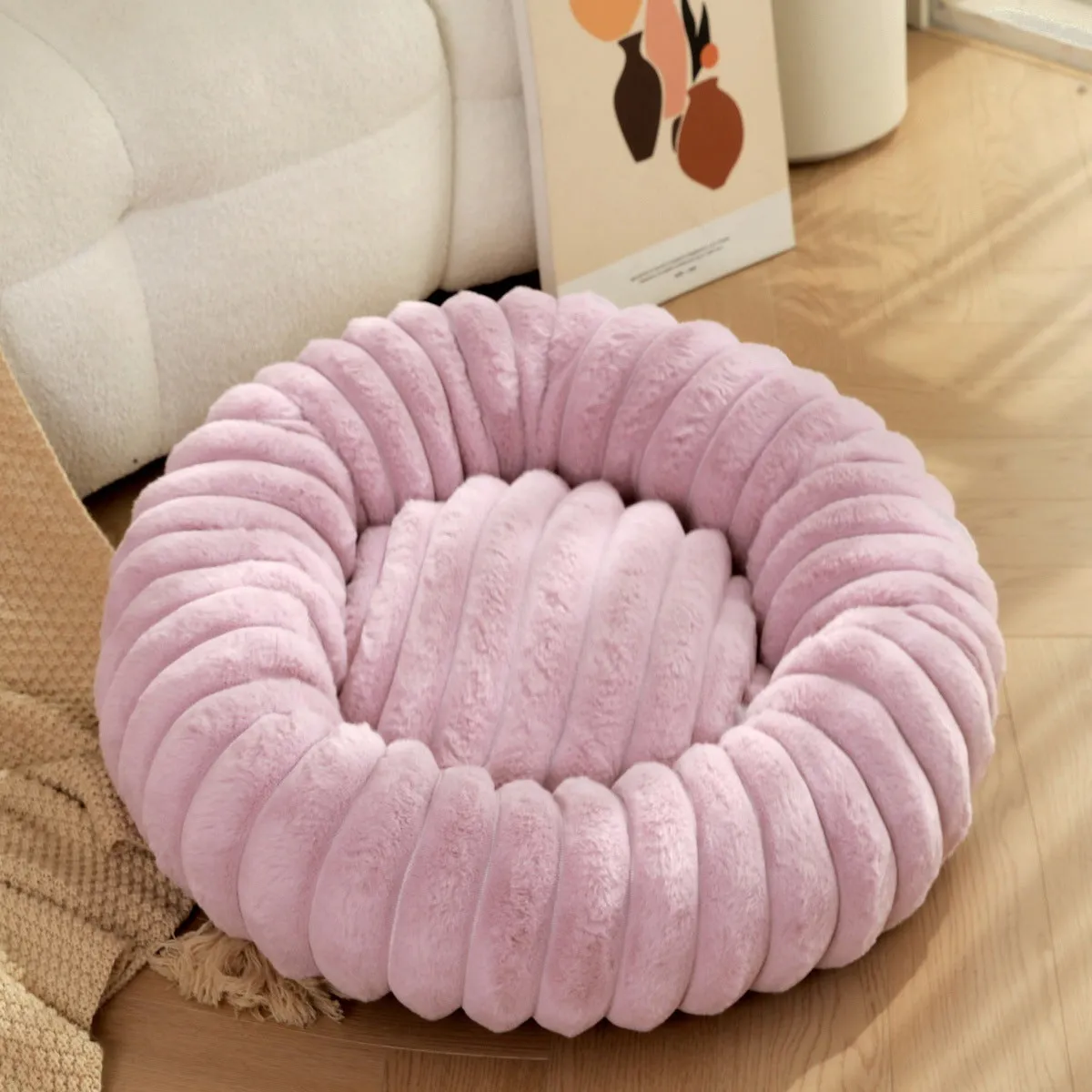 Round straight rabbit plush pet bed mat in beige colour, shown in a large size.