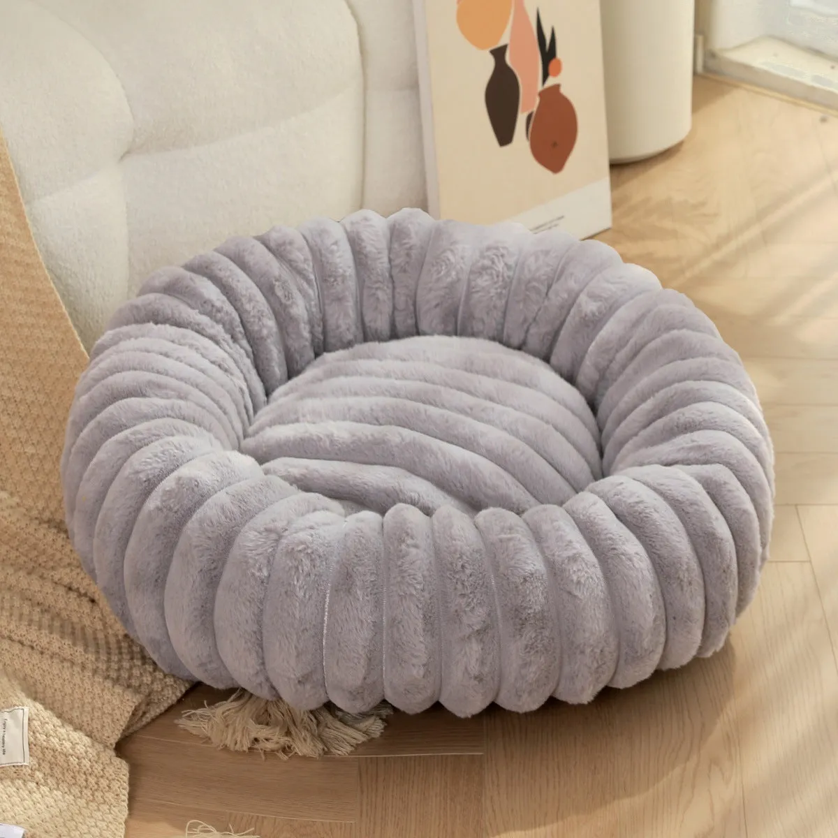 Round straight rabbit plush pet bed mat in beige colour, shown in a large size.