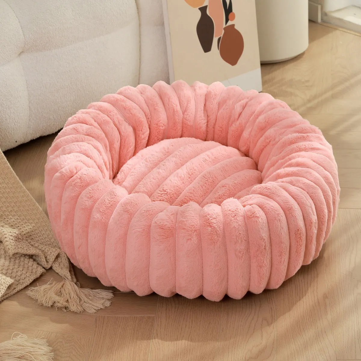 Round straight rabbit plush pet bed mat in beige colour, shown in a large size.