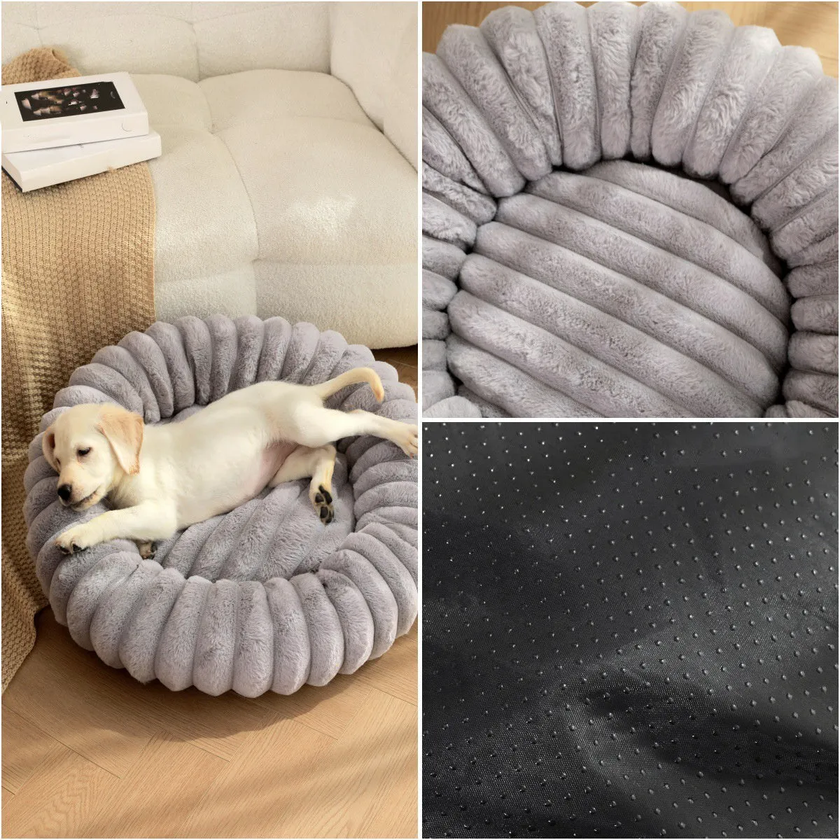 Round straight rabbit plush pet bed mat in beige colour, shown in a large size.