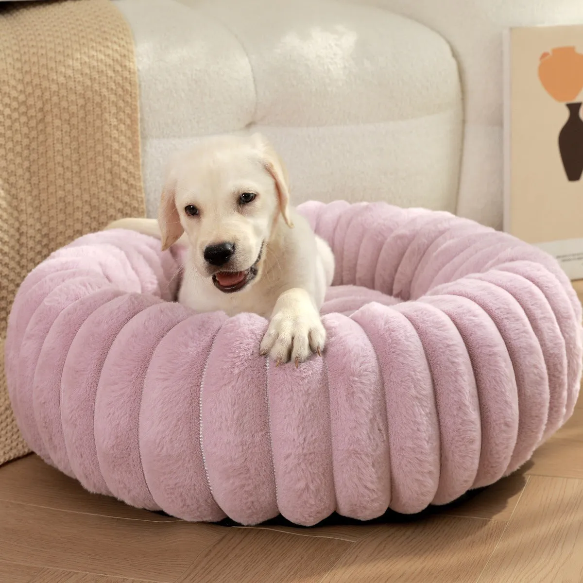 Round straight rabbit plush pet bed mat in beige colour, shown in a large size.
