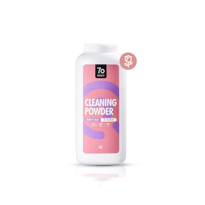 Container of dog dry cleaning powder in rose, Seville orange, or menthol scent, 260g.