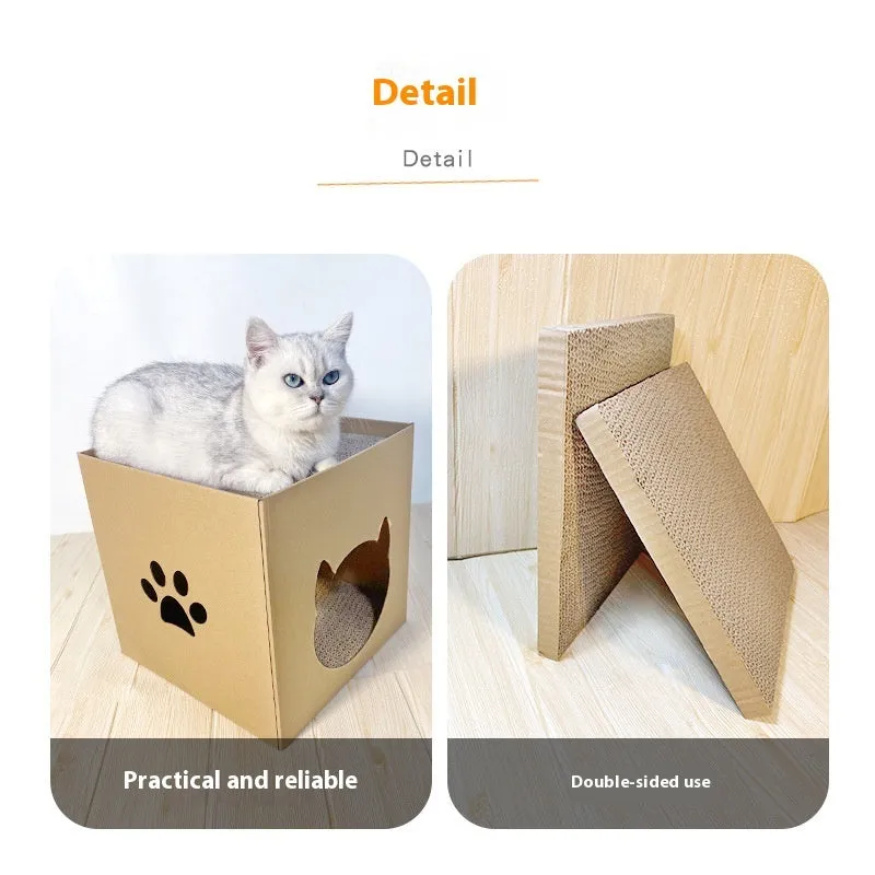 Cube-shaped corrugated paper cat scratch board with pet milk carton colour design