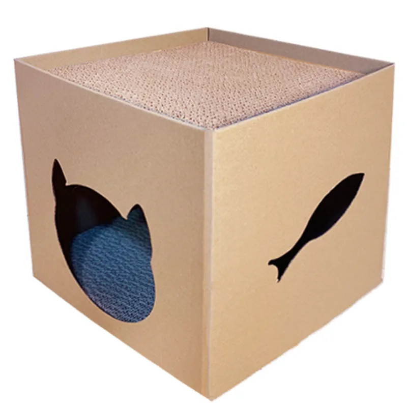 Cube-shaped corrugated paper cat scratch board with pet milk carton colour design