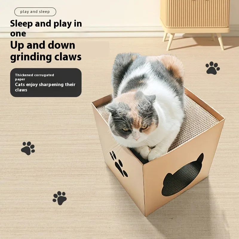 Cube-shaped corrugated paper cat scratch board with pet milk carton colour design