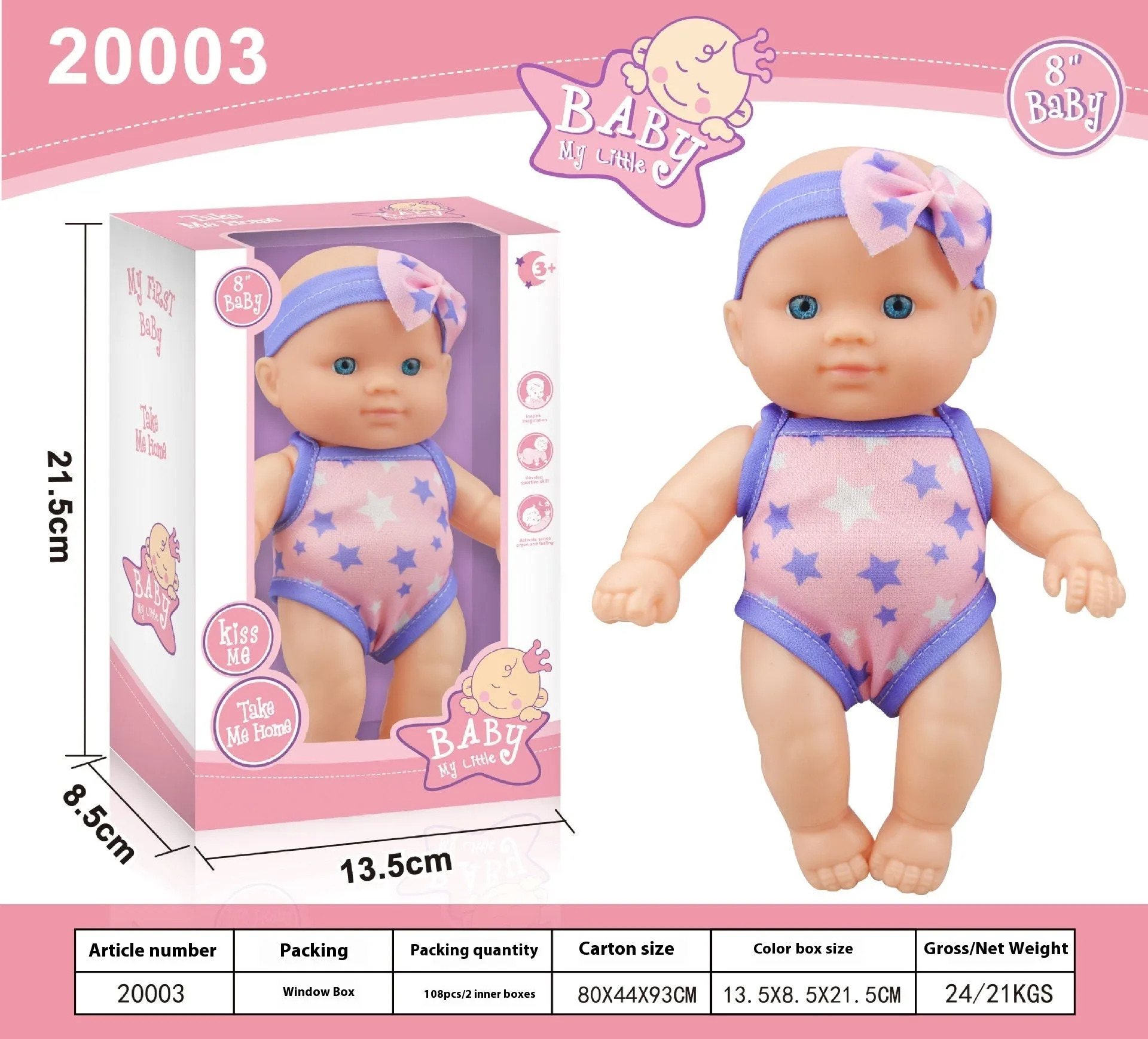 A detailed vinyl simulation baby figurine doll, showing its realistic features and proportions.