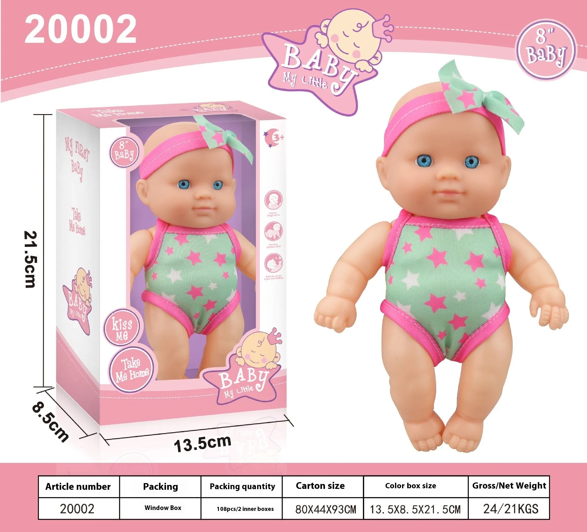 A detailed vinyl simulation baby figurine doll, showing its realistic features and proportions.