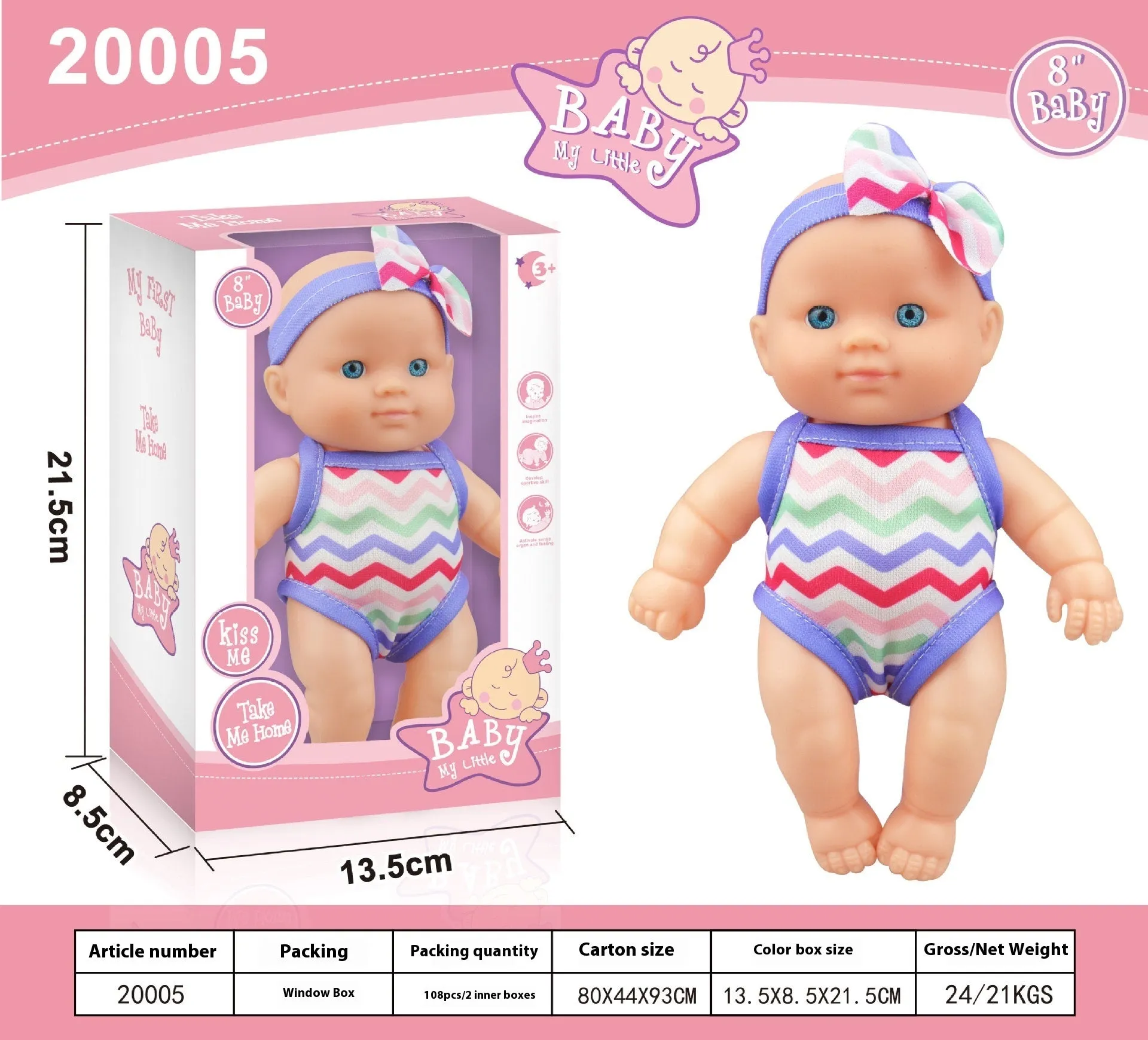 A detailed vinyl simulation baby figurine doll, showing its realistic features and proportions.