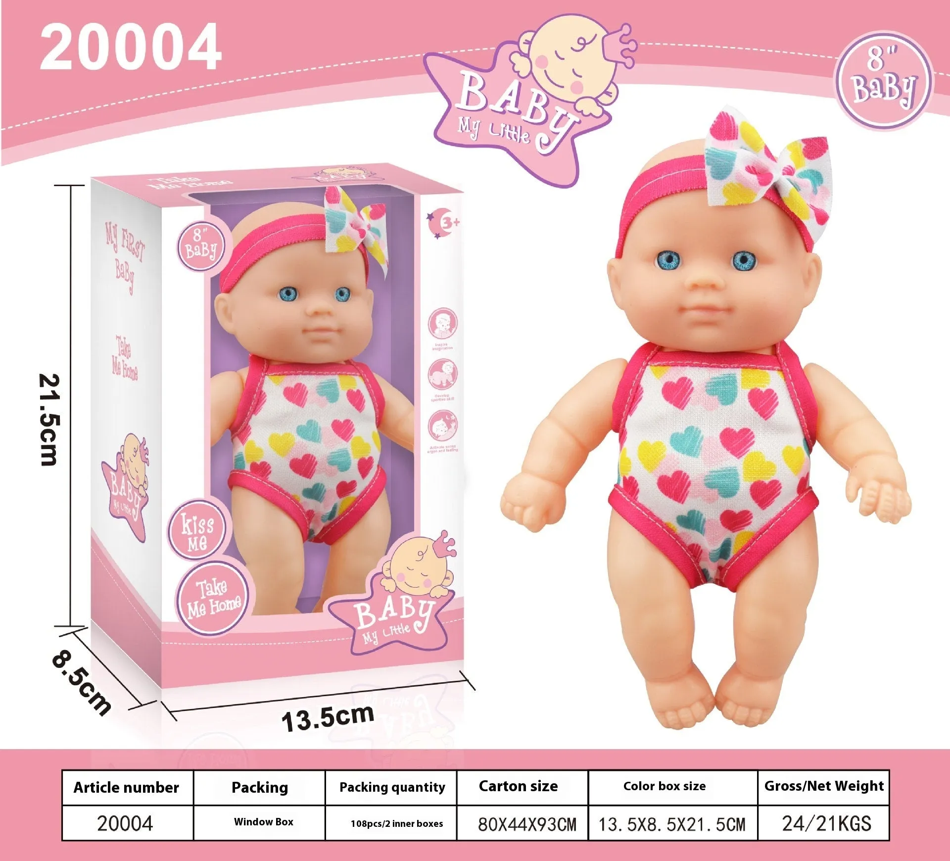 A detailed vinyl simulation baby figurine doll, showing its realistic features and proportions.