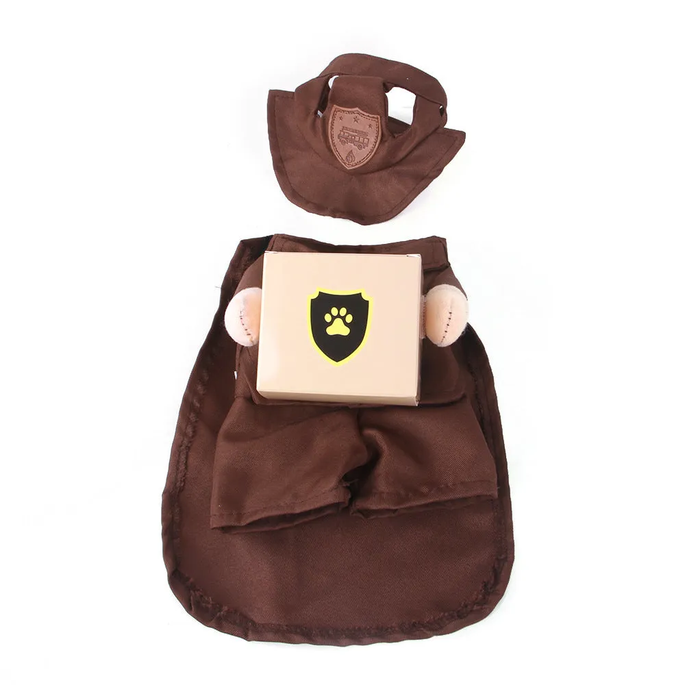 Coffee-coloured courier uniform style dog clothing on a pet, showing the polyester fabric and full outfit design.