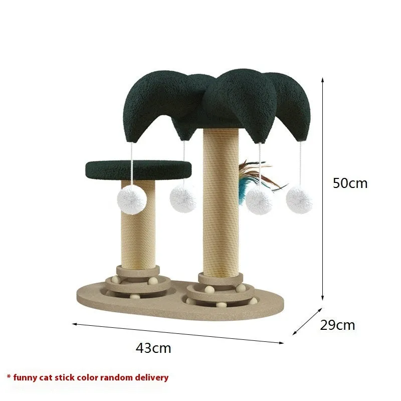 Solid wood cat scratching post with sisal rope and a rotating turntable in a panda design.